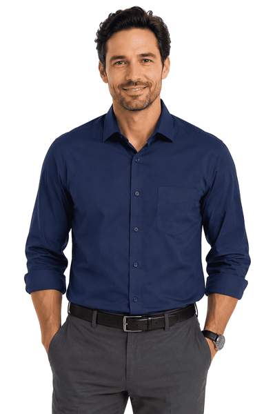 A long sleeve, button-up shirt in a navy colour, featuring a single chest pocket and a classic collar.