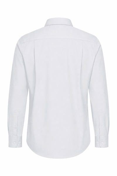 A long-sleeve white button-up shirt featuring a classic design and a simple back view. Includes a logo.