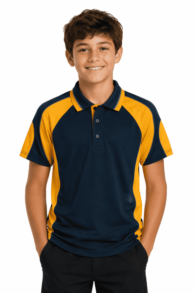 A navy and yellow polo shirt featuring a logo, designed for kids, with a sporty style and a comfortable fit.