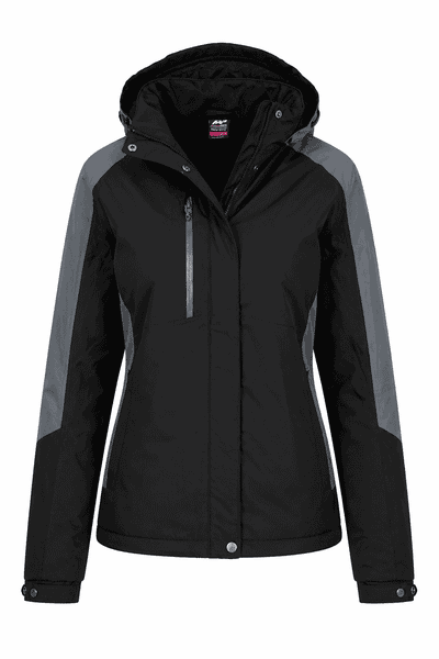 A black and grey jacket with a hood, featuring zip pockets and a logo. Suitable for various weather conditions.