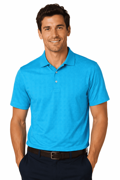 A vibrant blue men’s polo shirt, featuring a collar and short sleeves, with a logo present.