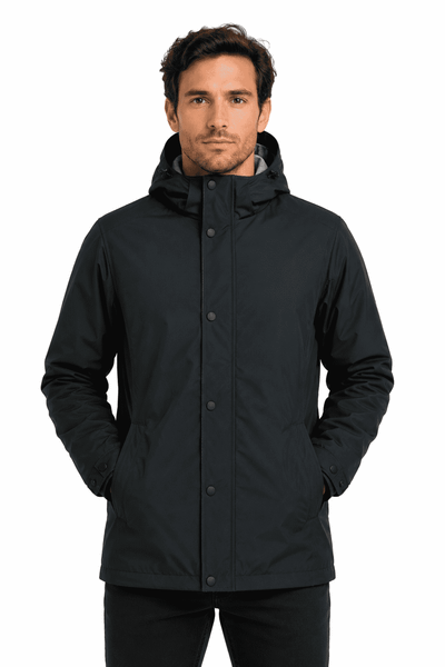 A black men's jacket with a hood, featuring a logo, and a front zip and button closure.
