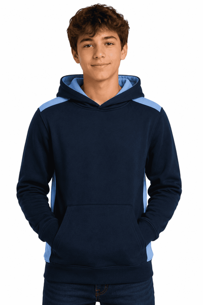 A navy hoodie with light blue accents, featuring a front pocket and a drawstring hood, with a logo on it.