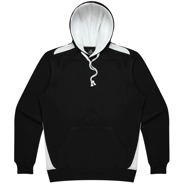 A black hoodie with white accents and a drawstring hood. Includes a front pocket and has a logo.