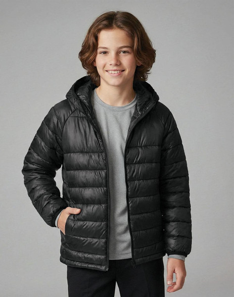 A lightweight puffer jacket in black with a hood, featuring a zip front and a smiling child wearing it.