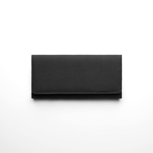 A black recycled long wallet with a simple design, featuring a logo on the surface.