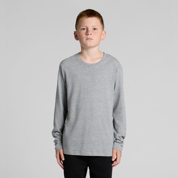 A long-sleeved grey t-shirt for youth, featuring a casual fit and a small logo on the side.
