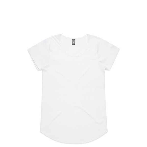 A white T-shirt with a rounded neckline and short sleeves, featuring a simple design and a tag.