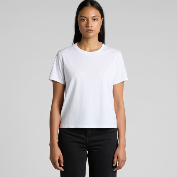 A white T-shirt with a classic fit, featuring short sleeves and a round neckline. It includes a logo.