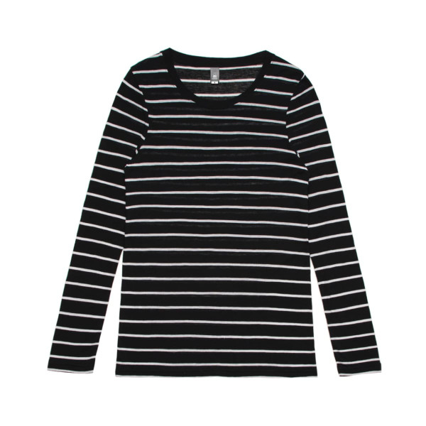 A long-sleeve tee in black and white stripes with a round neckline and a logo.