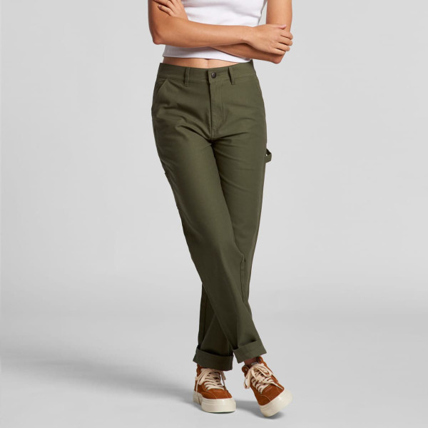 Olive green cargo pants with a sleek fit, featuring side pockets and a logo on the waistband.