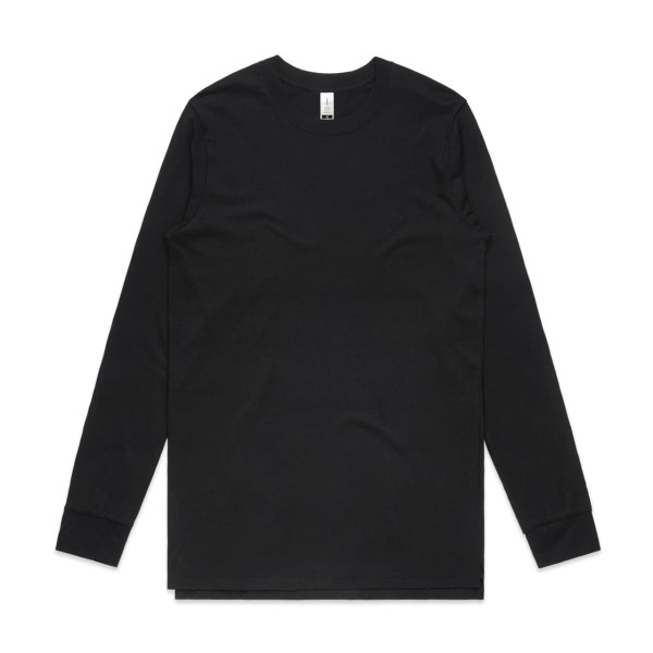 A black long-sleeve organic T-shirt with a simple design and a small logo on the label.