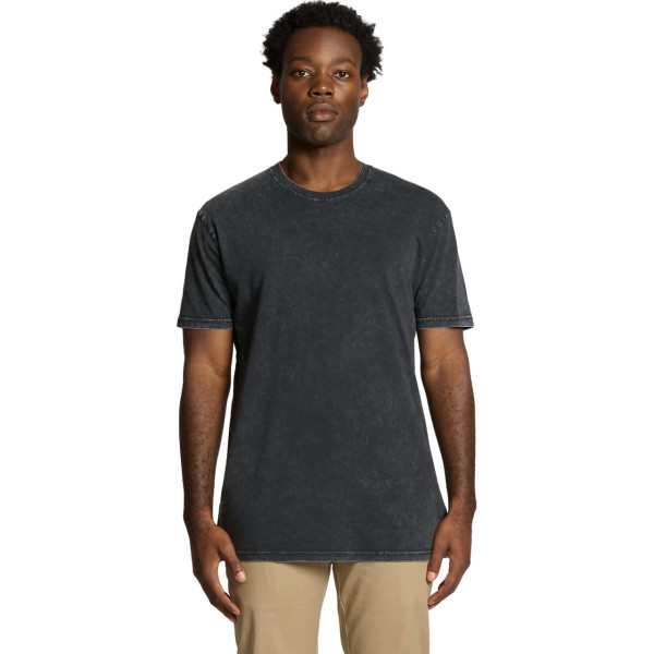 A black stone wash T-shirt featuring a round neckline and short sleeves. It has a logo on it.