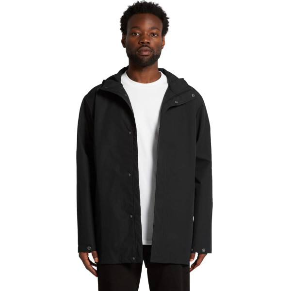 A black rain jacket with a hood, featuring a front opening and buttons, and a logo on the upper left.