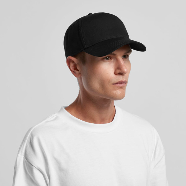 A black cap with a curved brim and adjustable back, featuring a logo on the front.