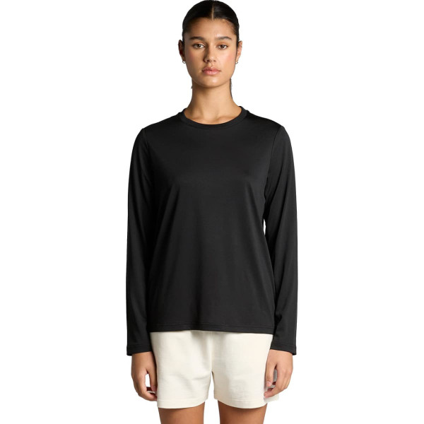 A model wears a black long-sleeve active t-shirt with a round neckline and a simple design. The shirt has a logo.
