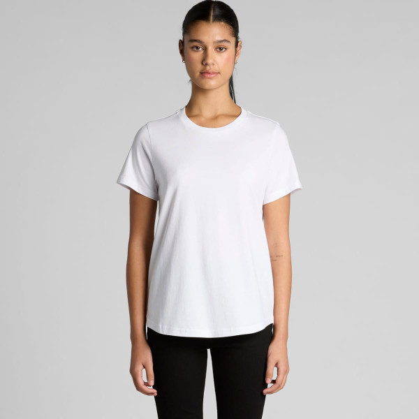 A white t-shirt with a relaxed fit and short sleeves, featuring a subtle logo.