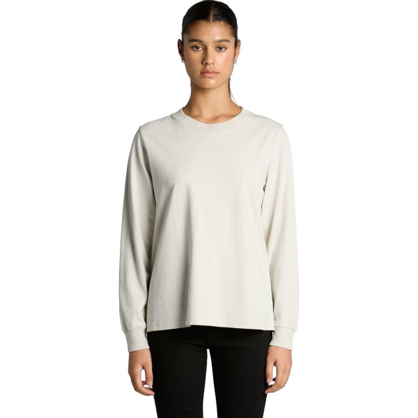 A light grey long-sleeve t-shirt with a relaxed fit and a logo visible on the garment.