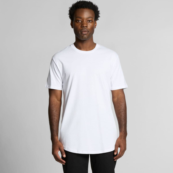 A plain white T-shirt with a relaxed fit, featuring short sleeves and a rounded neckline. It has a logo on it.