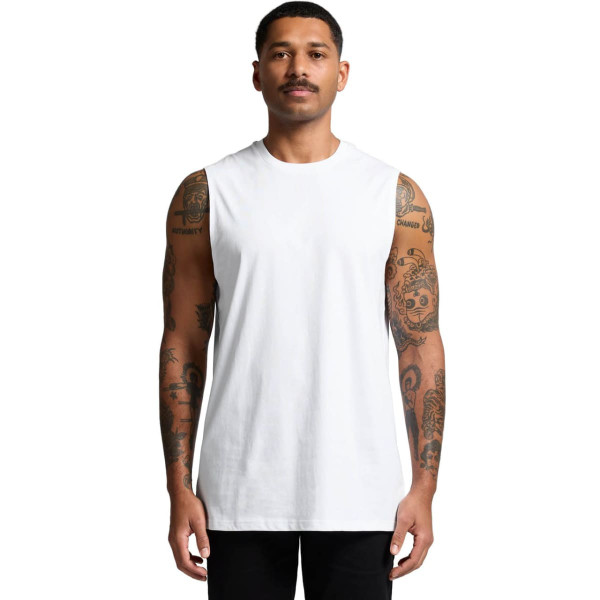 A white sleeveless tank top worn by a model, featuring a branding logo, displayed against a plain background.