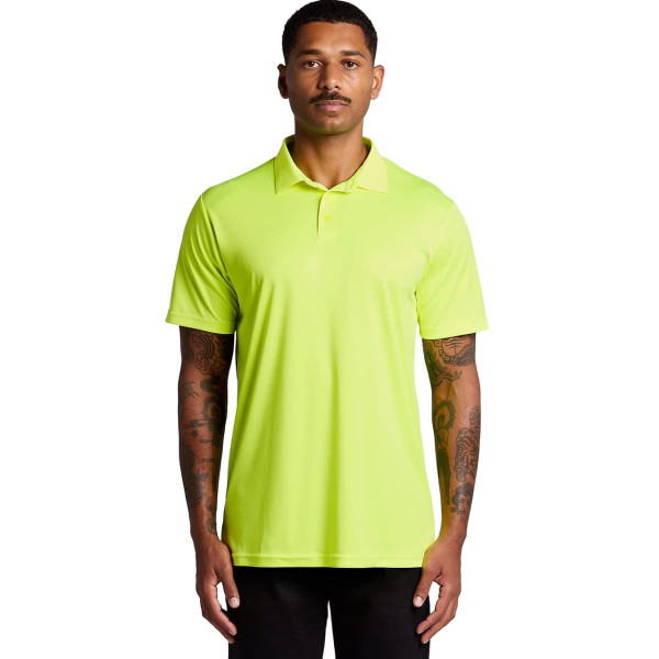 A bright yellow polo shirt with short sleeves, featuring a collar and a logo at the chest.