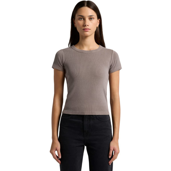 A fitted organic rib tee in a muted taupe colour, featuring short sleeves and a round neckline, shown on a model.