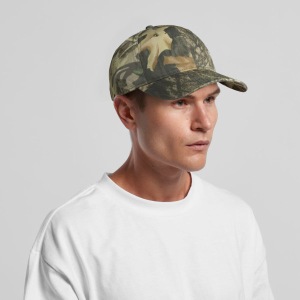 A camo cap featuring a mix of green and brown tones, designed for headwear. It has a logo on the front.