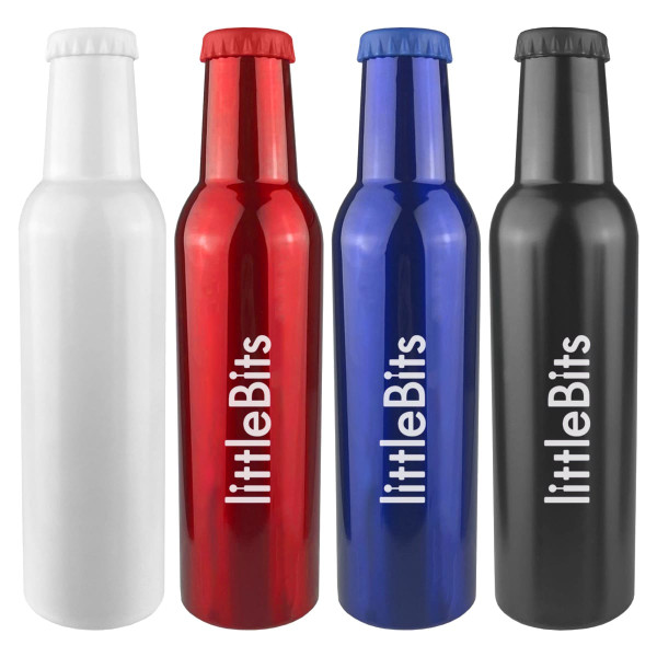 A drink bottle set featuring white, red, blue, and black bottles, each with a logo. Stylish and vibrant design.