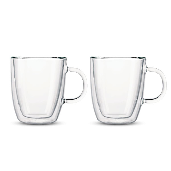 A set of two clear glass double wall mugs with handles. Each mug features a sleek, minimalist design.