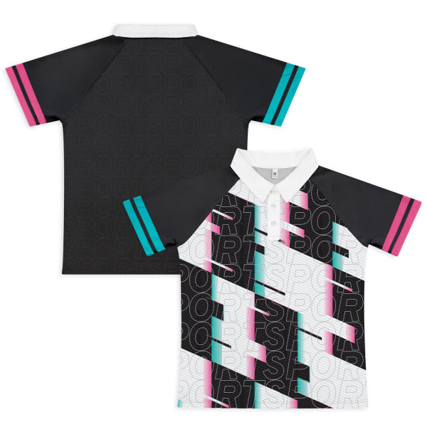A custom women's active polo in black, white, and pink with a modern geometric design and logo.