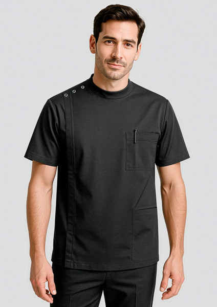 A men's black jacket features a stylish design with a pocket and button details on the shoulder. It has a logo.