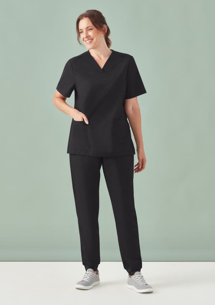 Black women's Pulse Jogger scrub pant featured alongside a matching scrub top, both offering a comfortable fit.