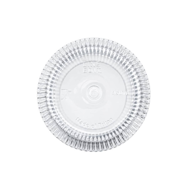 A clear, round tumbler with a textured rim, featuring a logo and a capacity of 450ml.