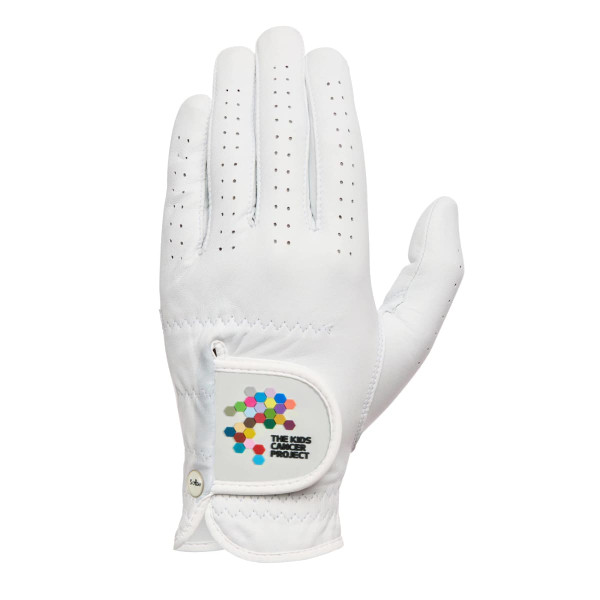 A white golf glove featuring perforations for breathability and a branded patch.