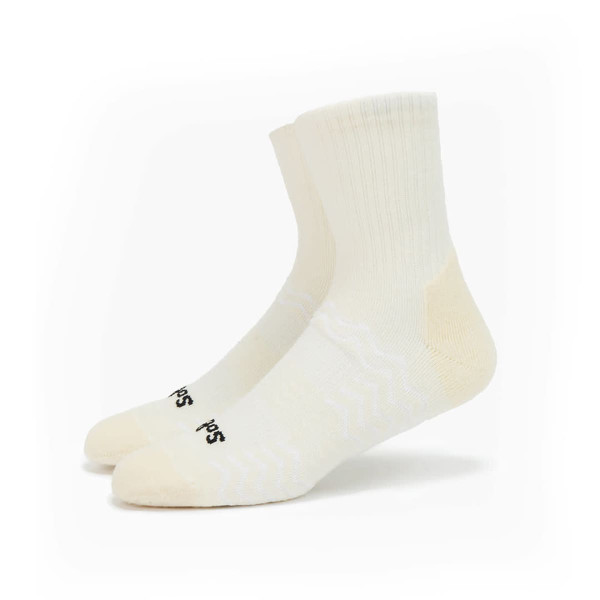 A pair of custom branded golf socks in white, featuring a logo on the side.