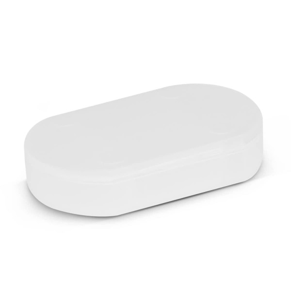 A pill box in an oval shape, featuring a smooth white surface and a compact design.