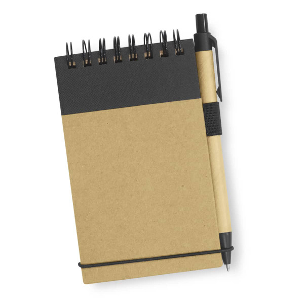 A kraft paper notebook with a black spiral binding and a black pen attached, featuring a minimalist design.