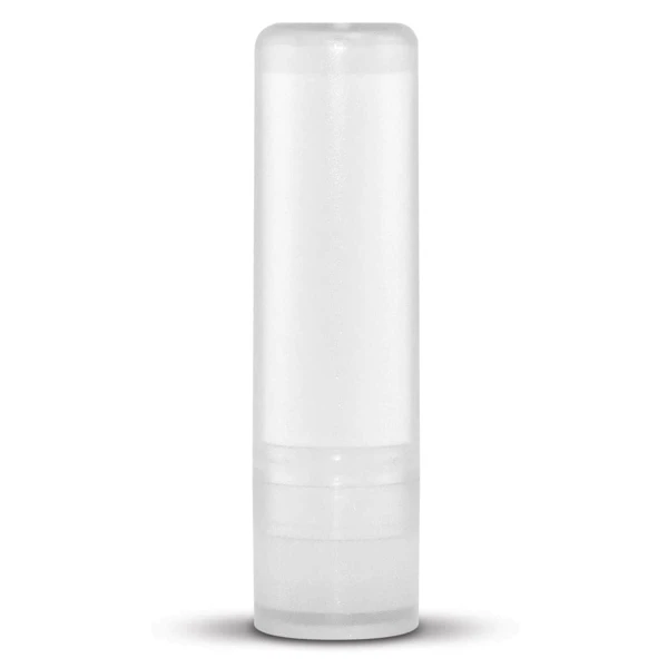 A lip balm tube in a clear, cylindrical design.