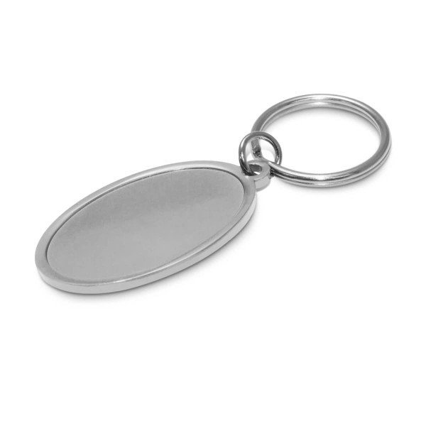 A sleek metal key ring in an oval shape, featuring a smooth, reflective surface.