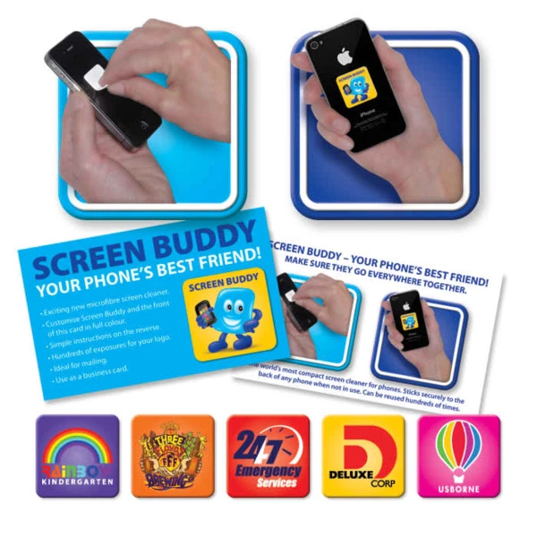A cleaning cloth with a blue character design, featuring a logo, alongside promotional materials for "Screen Buddy".
