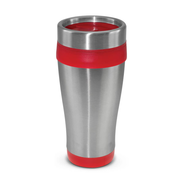 A drink bottle with a stainless steel body and a red rubber grip and lid. It has a circular design and a logo.