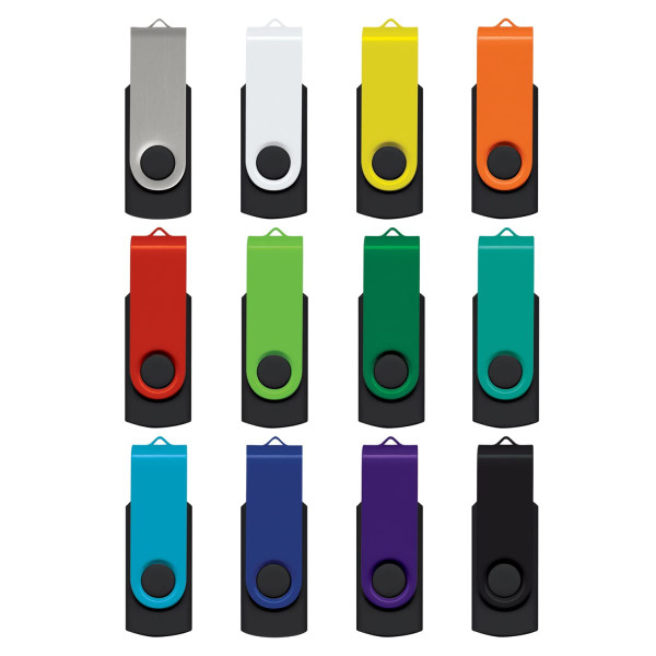 A collection of Helix 16GB flash drives in various colours, featuring a black casing and a swivel design.