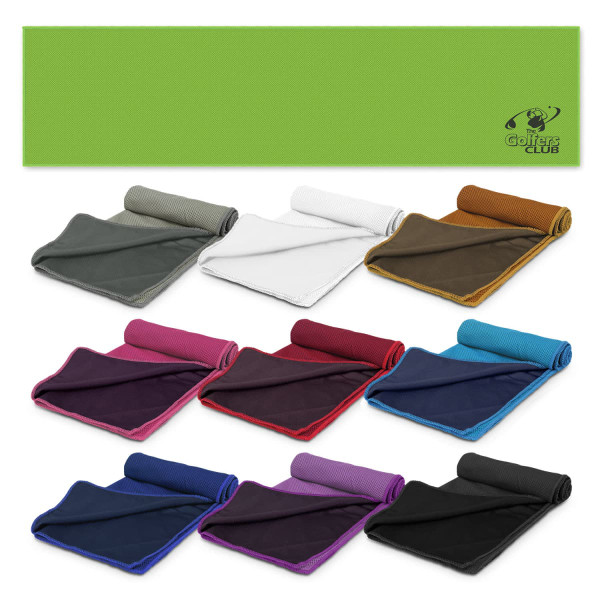 A collection of Yeti Premium Cooling Towels in various colours, neatly rolled and displayed against a green background.