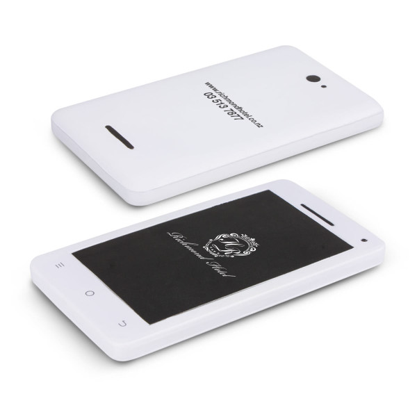 A white stress keyring shaped like a smartphone with a black screen side and a logo on the back.