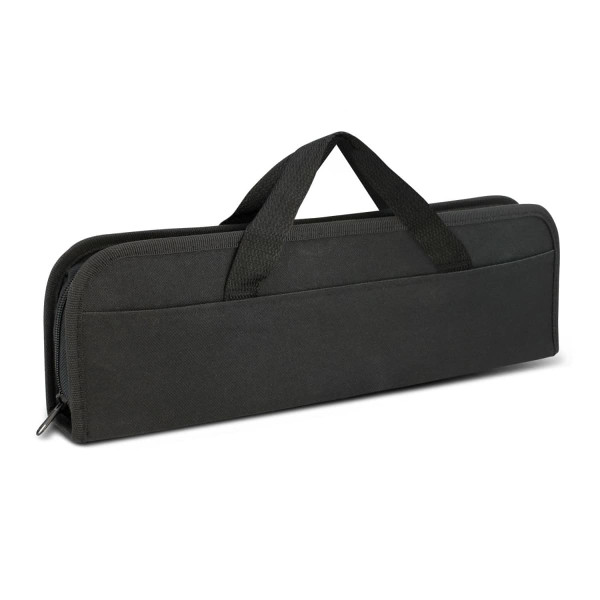 A black zipped case with handles, designed to hold BBQ tools and accessories. It features a sturdy exterior.