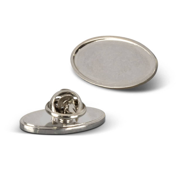 An oval lapel pin with a shiny silver finish and a secure attachment mechanism on the back.