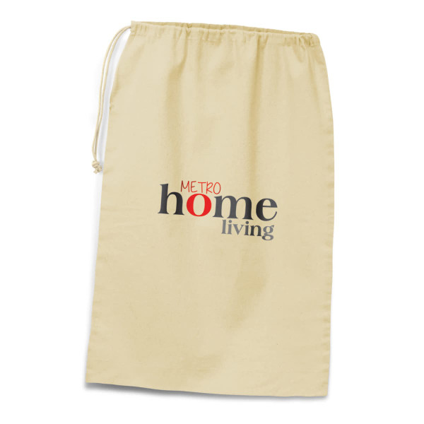 A beige drawstring laundry bag with a logo featuring the words "home living" in various colours.