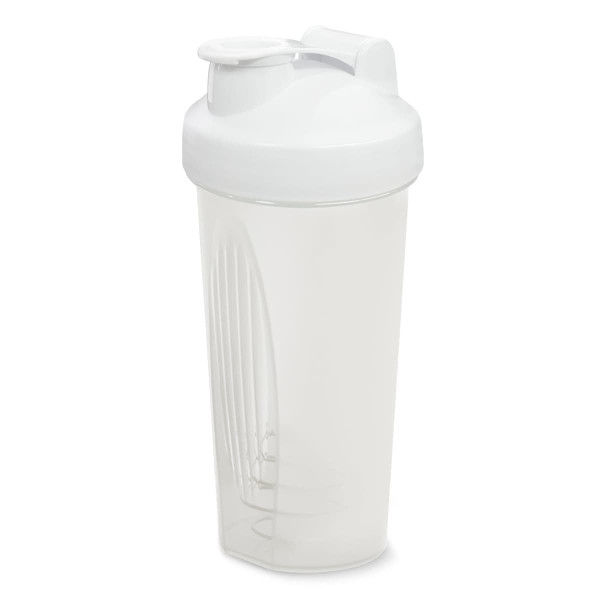 A drink bottle with a white lid and a transparent body, featuring a mixing ball inside.