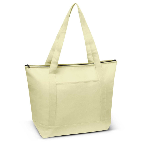 A large, pale yellow cooler bag with two long handles and a zippered top, featuring a front pocket and a logo.