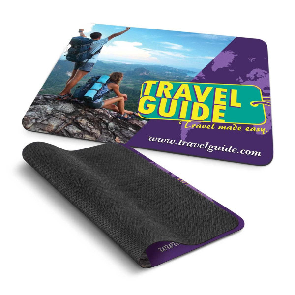 A vibrant mouse mat featuring a scenic travel image, with a textured black underside and a logo.